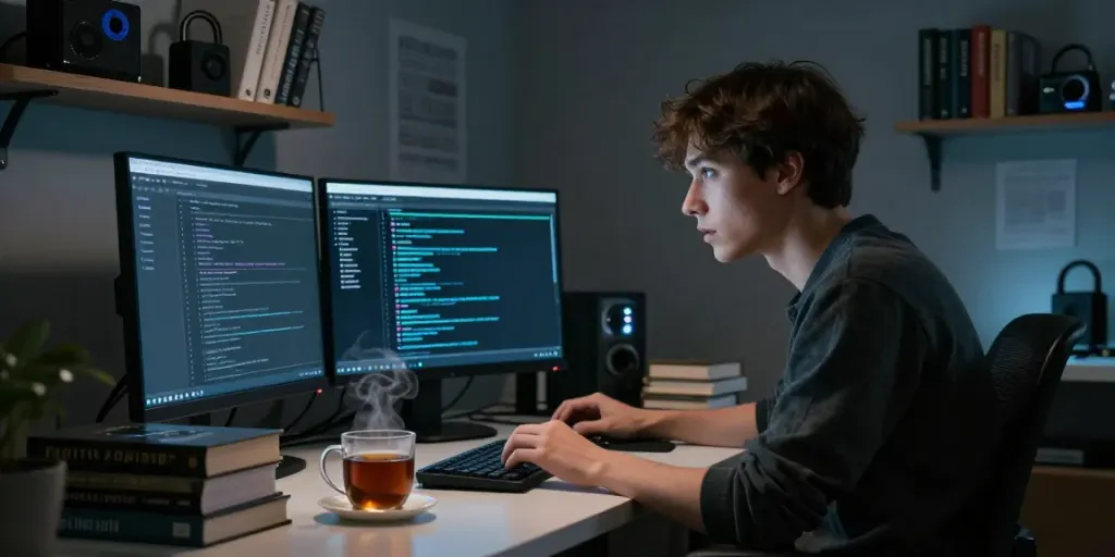 Person researching hidden wiki 2026, analyzing dark web data on multiple screens in an atmospheric study.