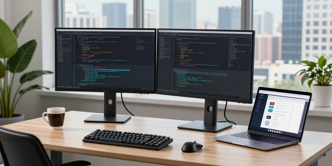 The workspace of a developer programming on two monitors showcasing 纸飞机中文版官网, emphasizing a modern tech environment.