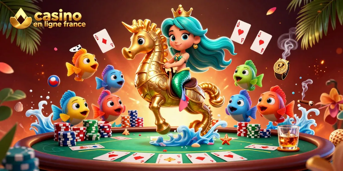Illustration dynamique d'une sirène et de son coursier doré au casino en ligne France.