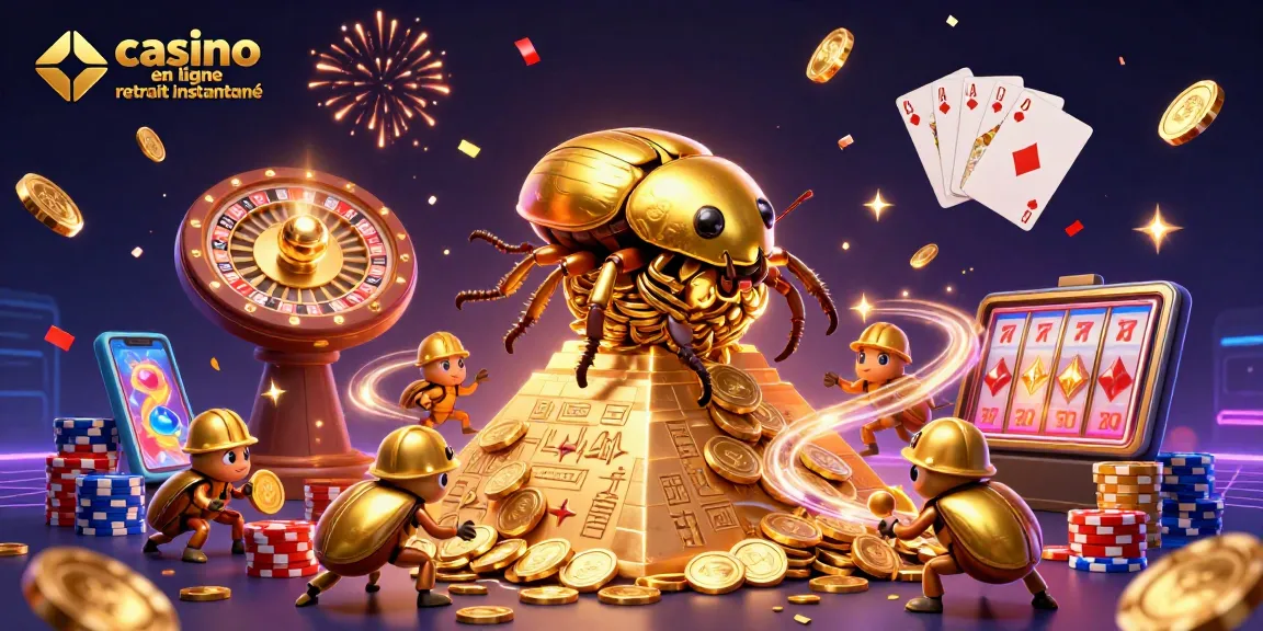 Un casino en ligne retrait instantané avec un scarabée doré qui roule un énorme montant de pièces d'or, entouré de symboles de casino.