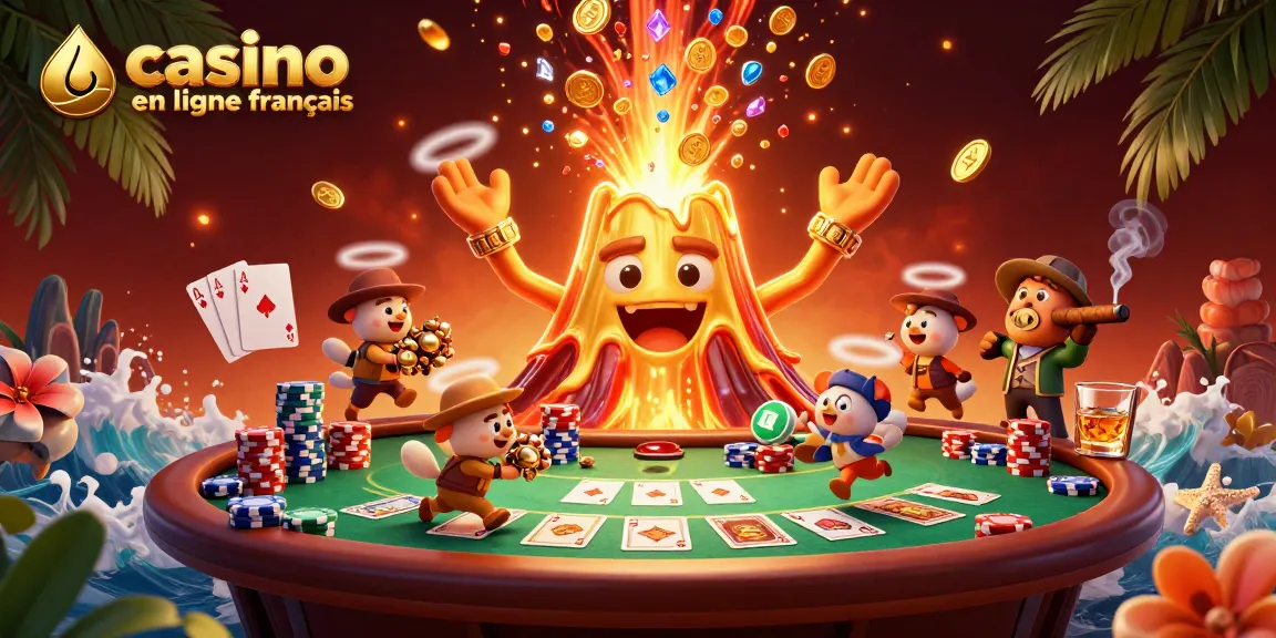 Image d'une scène dynamique de casino en ligne français avec un volcan en or et des animaux explorateurs.