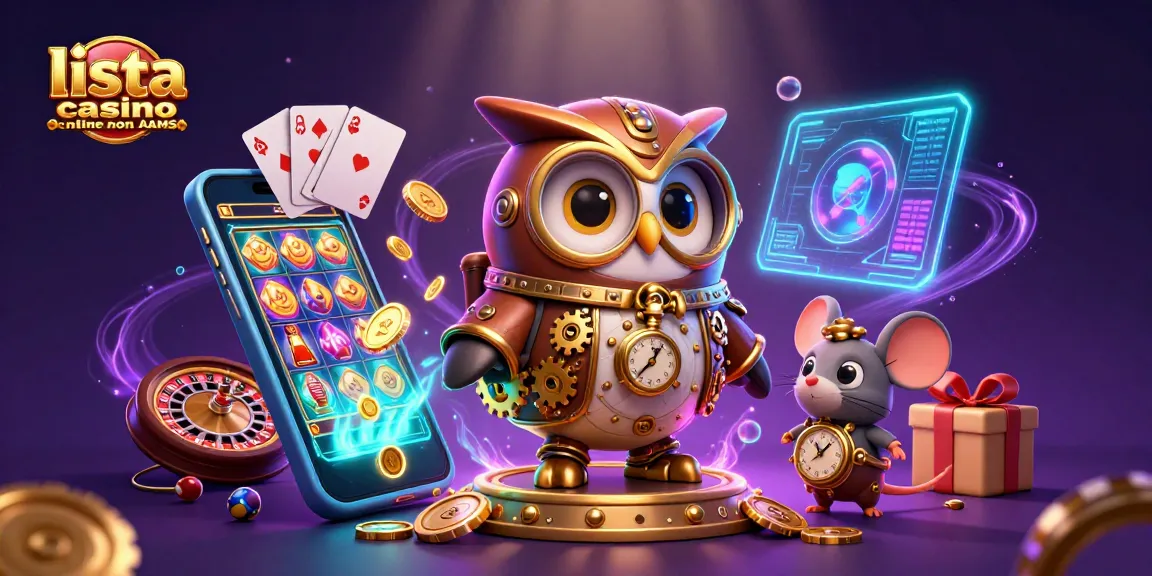Scopri la lista casino online non AAMS con un gufo viaggiatore e un topo in un ambiente di gioco luminoso.