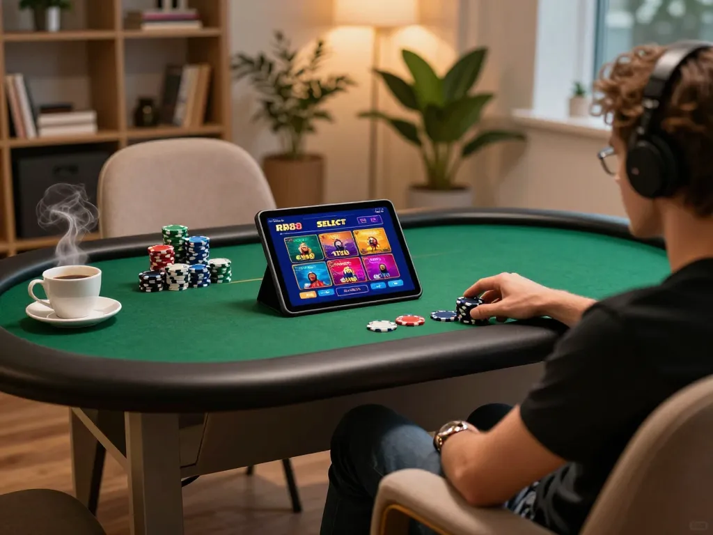 Engaging with the RR88 SELECT online casino app in a cozy home setting, enhancing user experience.