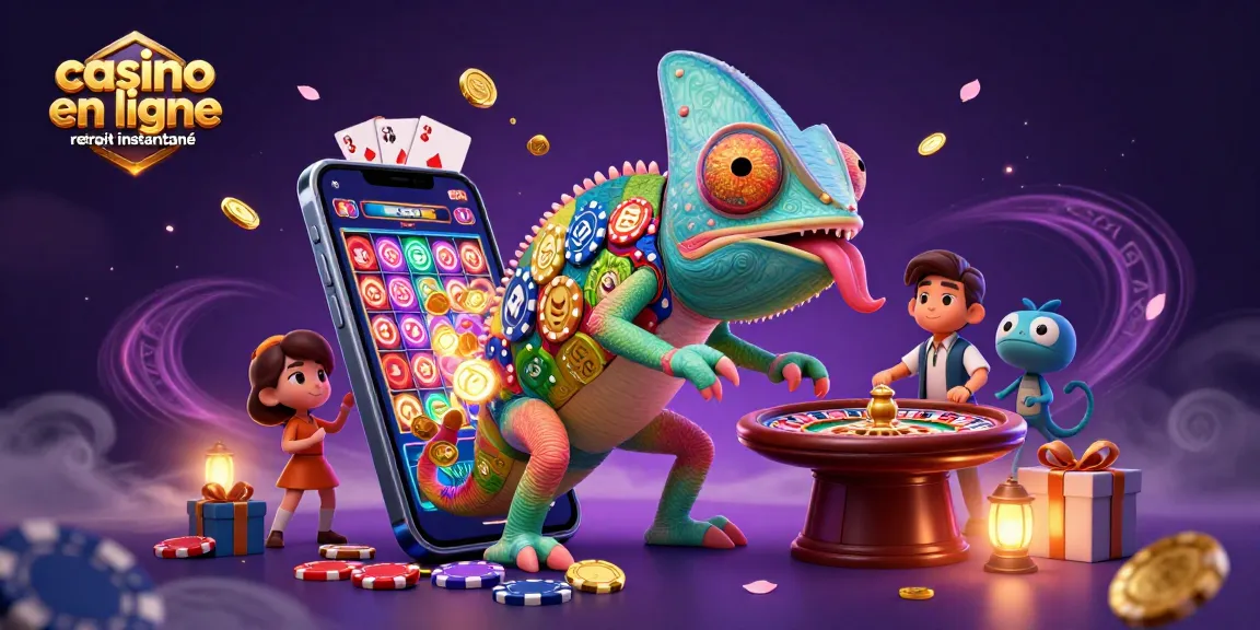 Visitez le casino en ligne retrait instantané avec un caméléon coloré, des jeux et des jetons éparpillés.