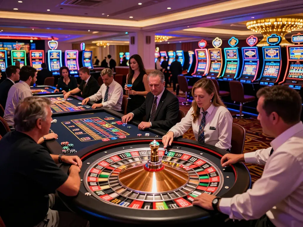 Players betting on roulette at u888 casino, vibrant atmosphere with colorful chips and lights