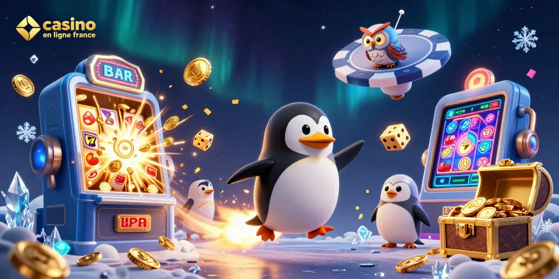 Faites monter l'excitation avec un jeu au casino en ligne France, visualisant un pingouin doré dans l'espace.