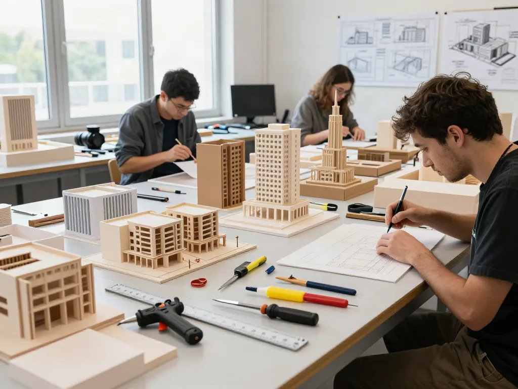 Hochwertiger Architekturmodellbau in Düsseldorf, Handwerker erstellen detaillierte Modelle in modernem Atelier.