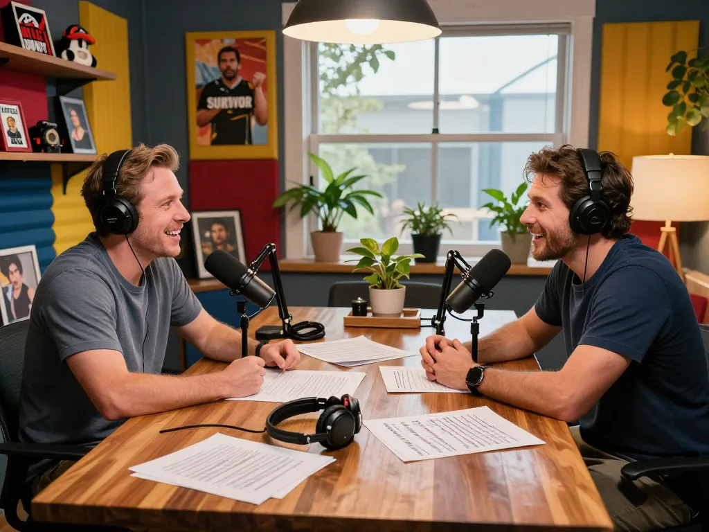 Engaging hosts discussing Survivor Turning in a vibrant podcast studio, filled with memorabilia and notes.
