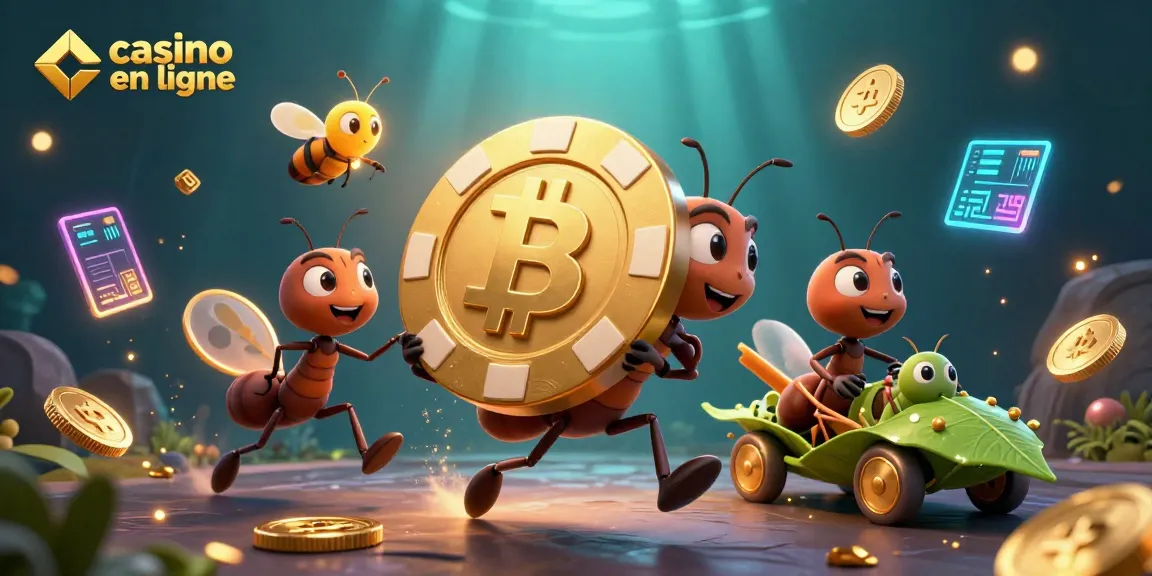 Jouer au casino en ligne avec une équipe d'insectes dans une scène remplie de pièces de cryptomonnaie scintillantes.