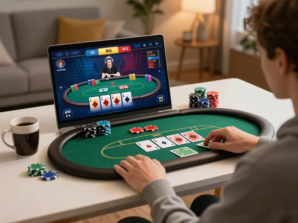 iWin players engaged in a strategic poker game at home, showcasing vibrant online gaming atmosphere.