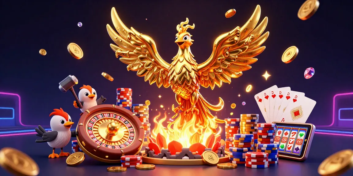 Visualisez une scène dynamique avec le phénix doré symbolisant le casino en ligne français, entouré de pièces et de jetons scintillants.