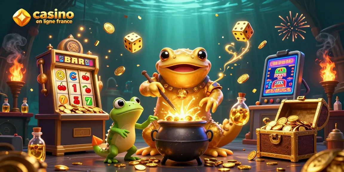 Illustration dynamique d'un casino en ligne France avec une salamandre alchimiste et une machine à sous en jackpot.