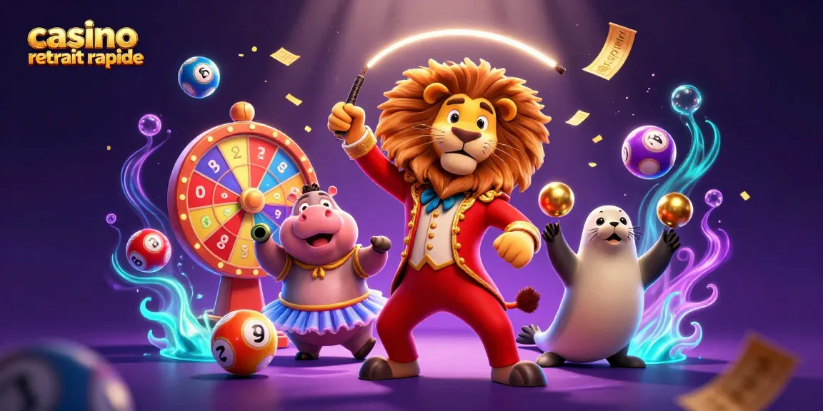 Illustration de casino retrait rapide avec des animaux de cirque, des boules de loto et des billets d'or.