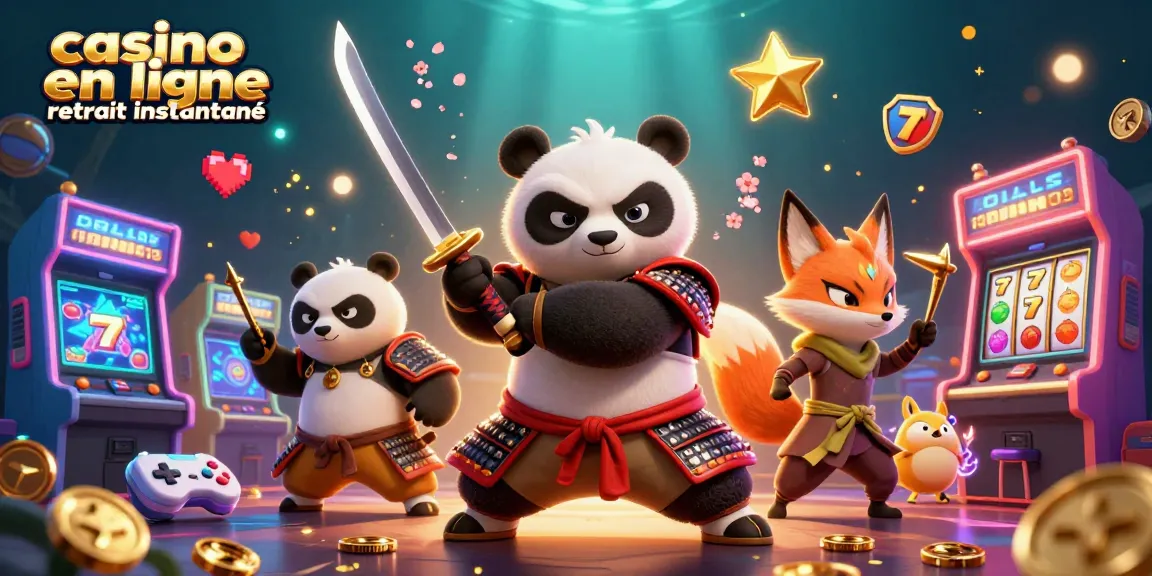 Découvrez le casino en ligne retrait instantané avec une illustration dynamique de personnages de jeu.