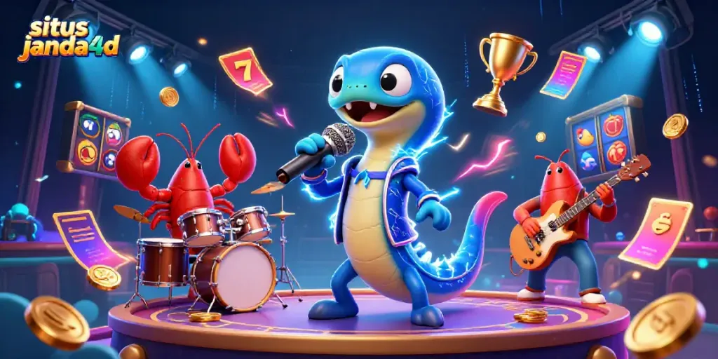 Gambaran situs janda4d dengan karakter dan elemen kasino yang penuh warna dalam ilustrasi 3D.
