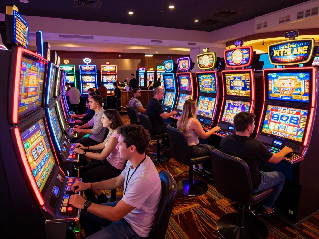 Engaging slot77 gameplay with players at colorful machines in a vibrant casino atmosphere