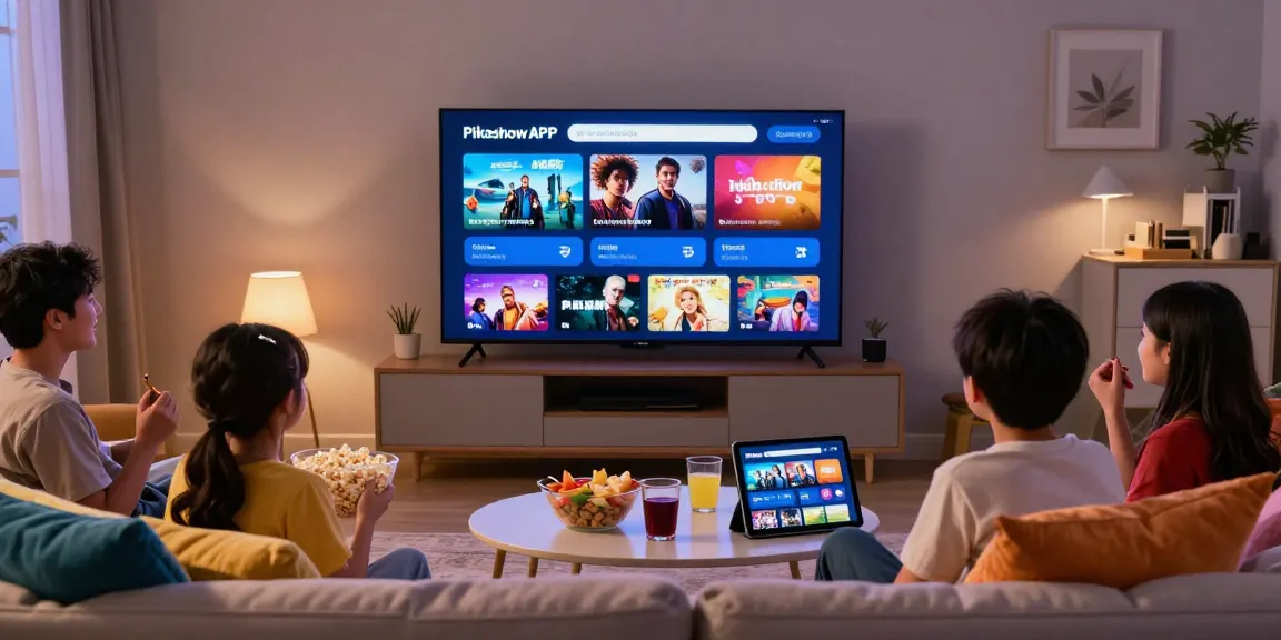Family enjoying movie night with Pikashow APK on smart TV, cozy living room setting.
