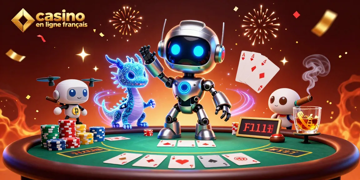 Jouer au casino en ligne français avec un robot cyberpunk et des éléments de poker captivants.