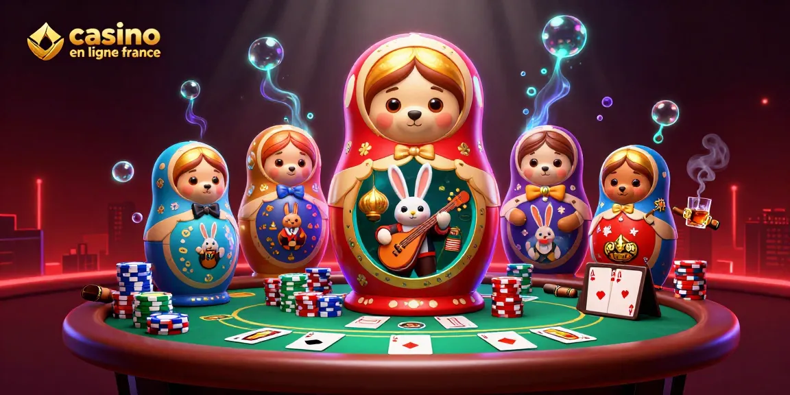 Jouez au casino en ligne en France avec une illustration dynamique de personnage festif révélant des ours et des éléments de poker.