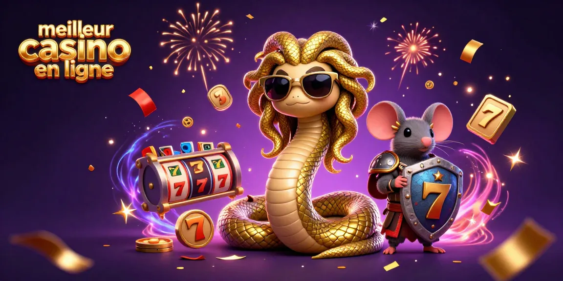 Explorez les meilleurs casinos en ligne avec cette illustration dynamique comprenant Méduse et un guerrier souris.