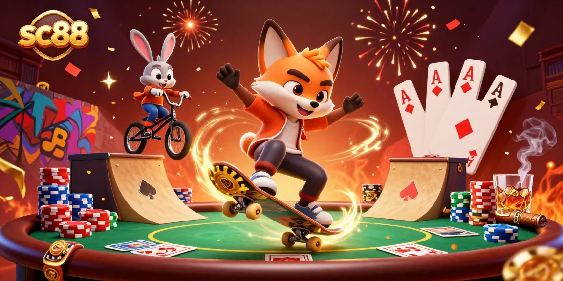 Catch the excitement of sc88 as a fox kickflips over golden poker chips in this dynamic casino illustration.