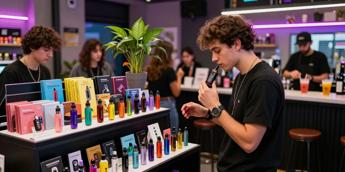Stylish customer exploring rokok88 alternatif options in a vibrant vape shop.