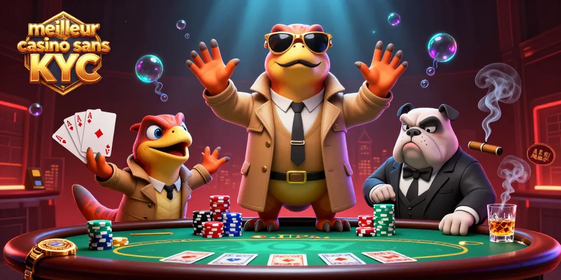 Meilleur casino sans KYC : Trois raptors déguisés devant un videur dans un casino animé.