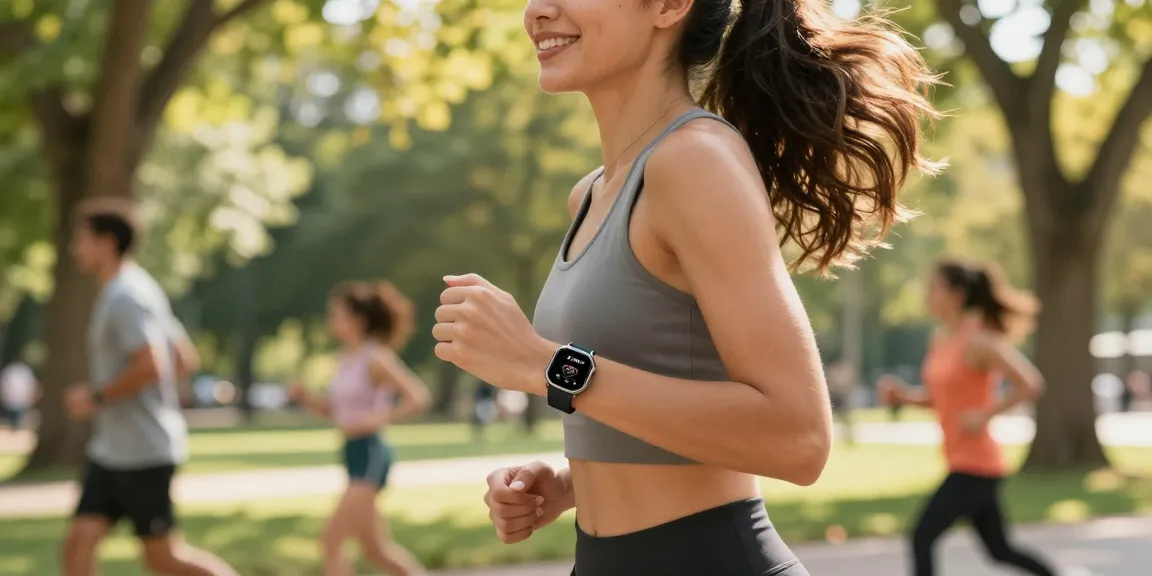 Perempuan sportif menggunakan https://www.polarfitbitshop.com/fitbit-luxe/ saat berjalan di taman, menunjukkan gaya hidup aktif.