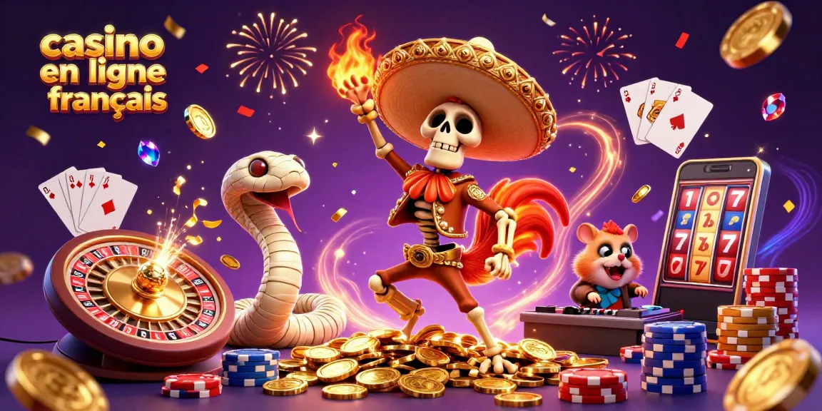 Faites la fête avec le casino en ligne français : un rooster mariachi et une scène vibrante de jeu.