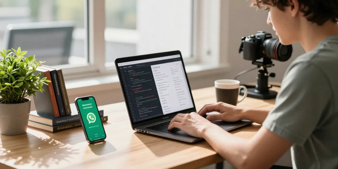WhatsApp下載 on a developer's laptop in a modern workspace with productivity elements around.