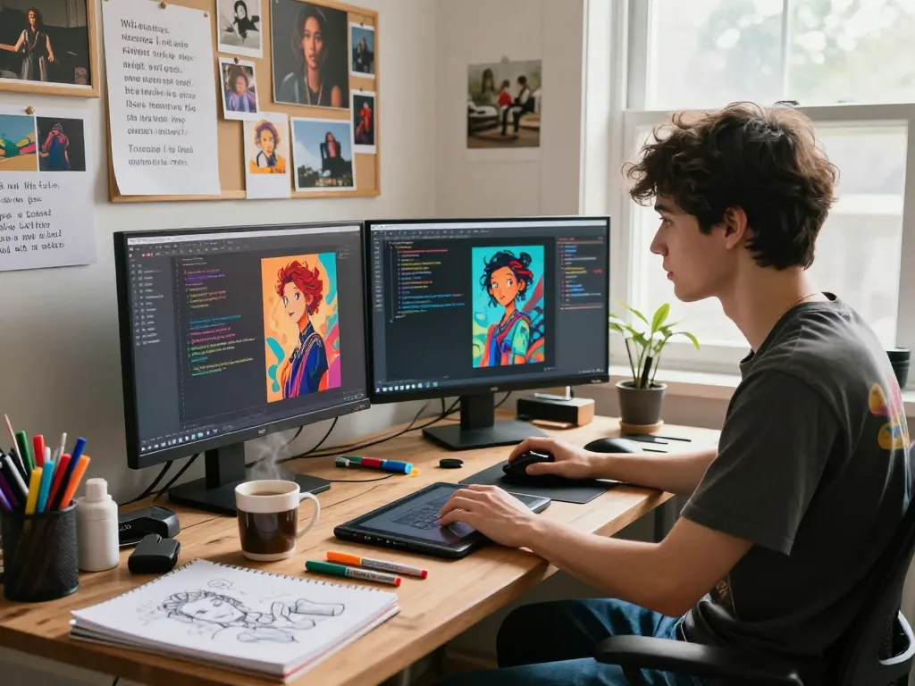 Artist focused on NSFW AI content creation in a bright, cluttered workspace, showcasing vibrant images and digital tools.