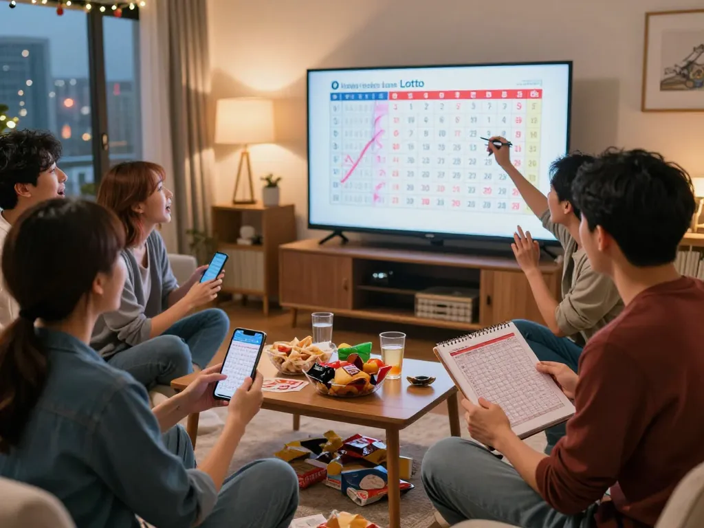 Friends enjoying the exciting Hongkong Lotto live draw in a cozy living room with festive décor.