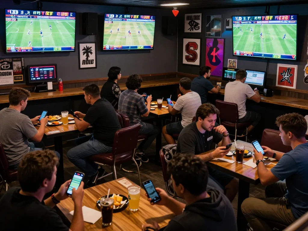 Excited sports fans placing bets on G28 app in lively sports bar atmosphere.