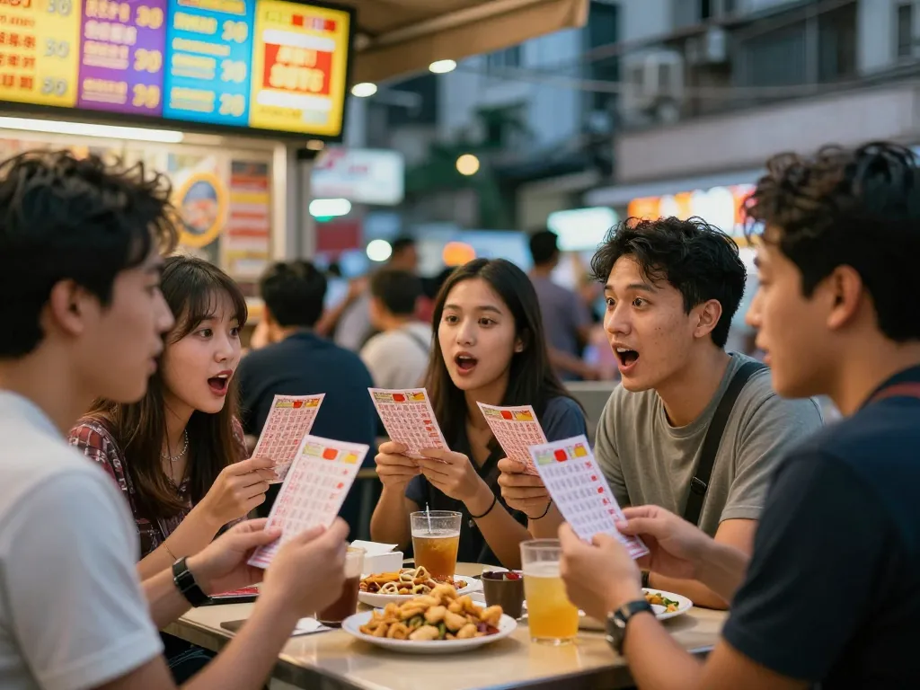 Exciting group enjoying Hongkong Lotto betting at a lively café