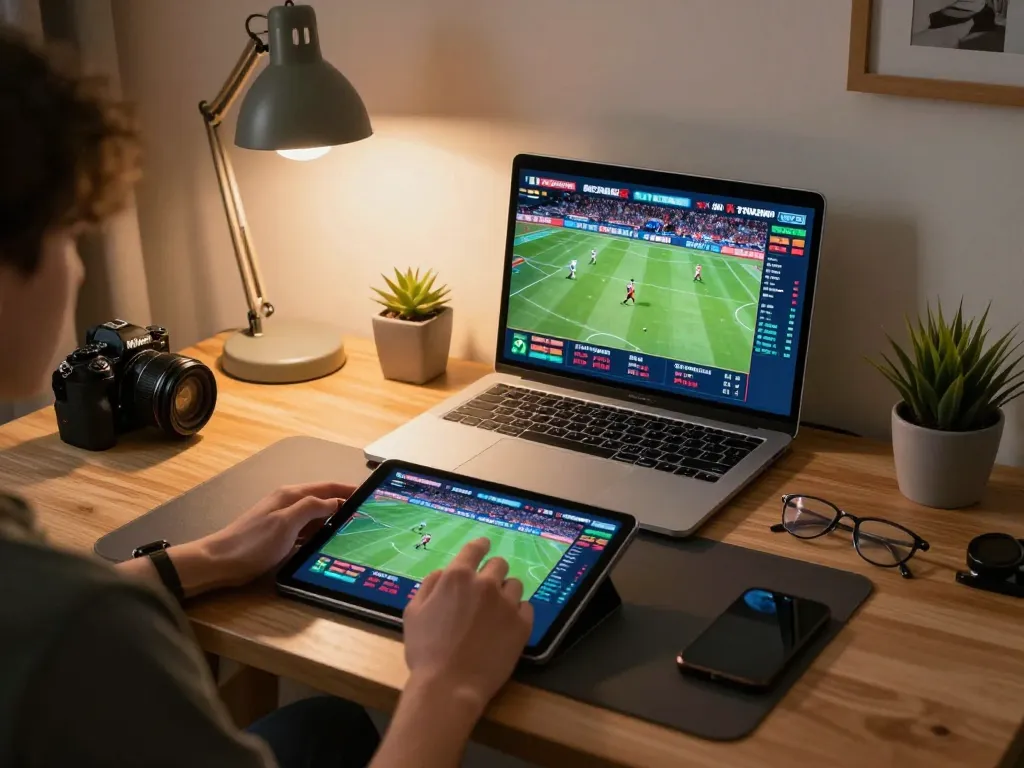 Open88 user placing sports bets on a tablet in a cozy home office