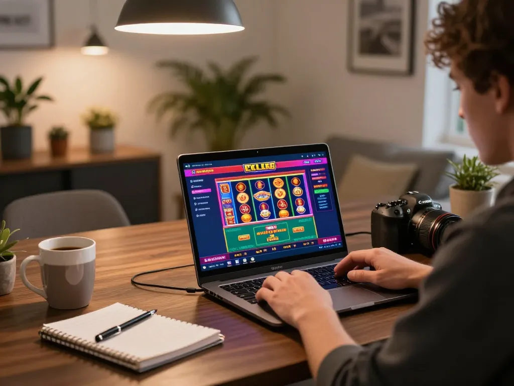 Engaging scene of a cozy gaming setup at the best widget store showcasing online casino gameplay on a laptop.