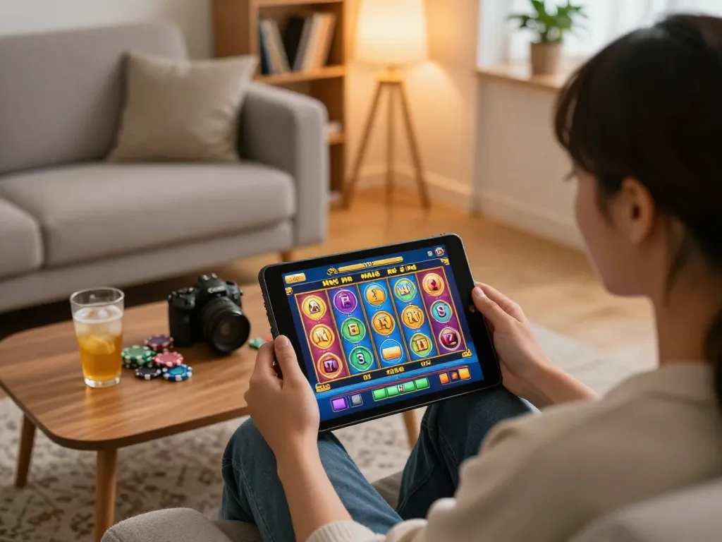Engaging with nổ hũ slot games at home, highlighting the excitement and comfort of online gaming.