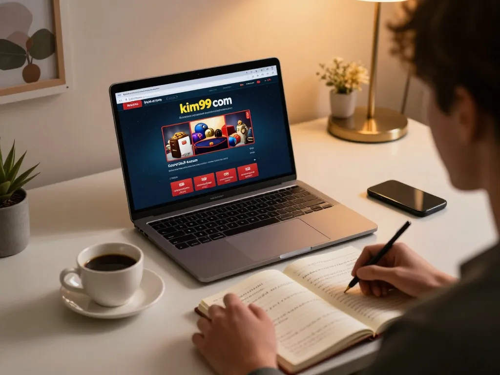 Engaging in online gambling on kim99 com with a laptop showing casino interface and betting notes.