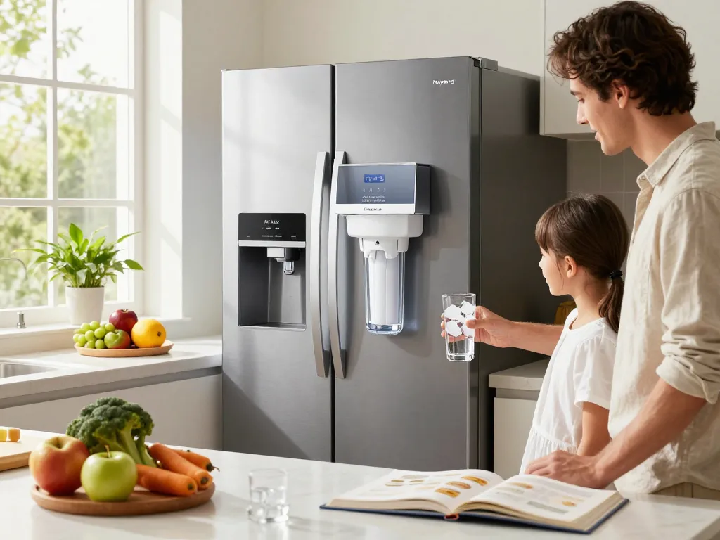 Waterdrop Plus UKF7003 Replacement for Maytag® UKF7003 filter in use, highlighting fresh water dispensed in a modern kitchen setting.