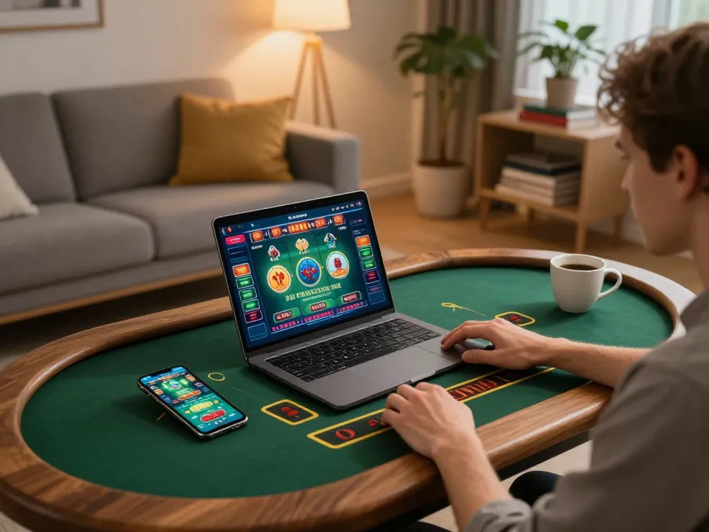 Engaging in online casino gameplay while preparing for đăng nhập dh88 with a cozy home setup.