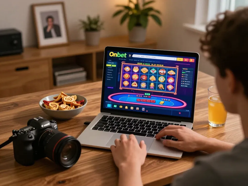 Engaging with Onbet casino interface during a home gaming session.