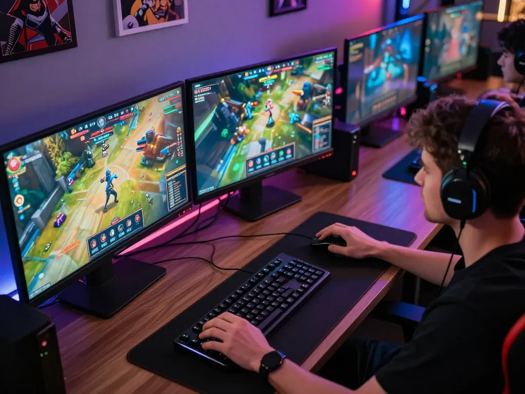 Player enjoying 3win games on multiple screens in a modern gaming setup.