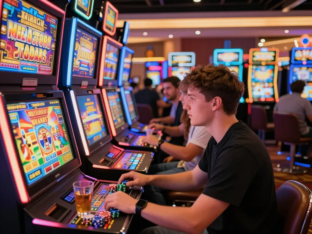 Player engaging with slot777 machines in a vibrant casino atmosphere, showcasing excitement and gaming potential.