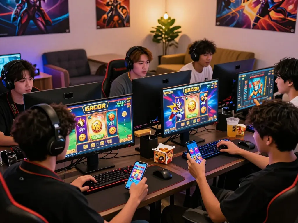 Exciting players enjoying slot gacor games in a vibrant gaming environment with colorful screens and snacks.