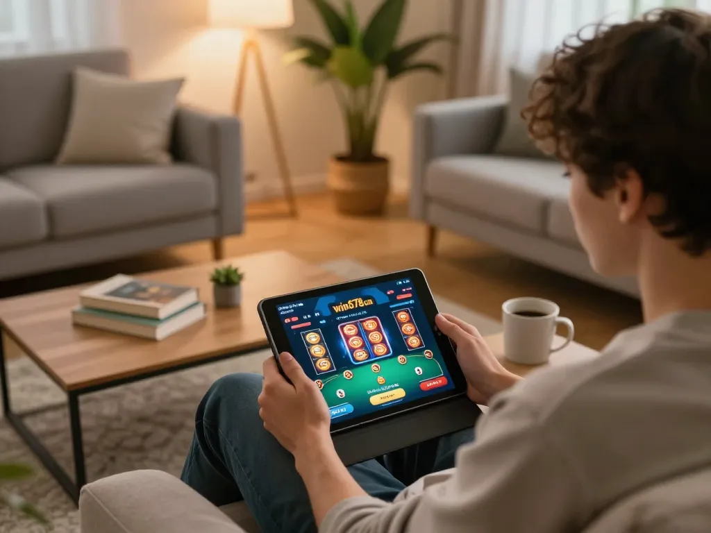 Engaging online gaming experience at win678 com with tablet showing poker interface in cozy living room.
