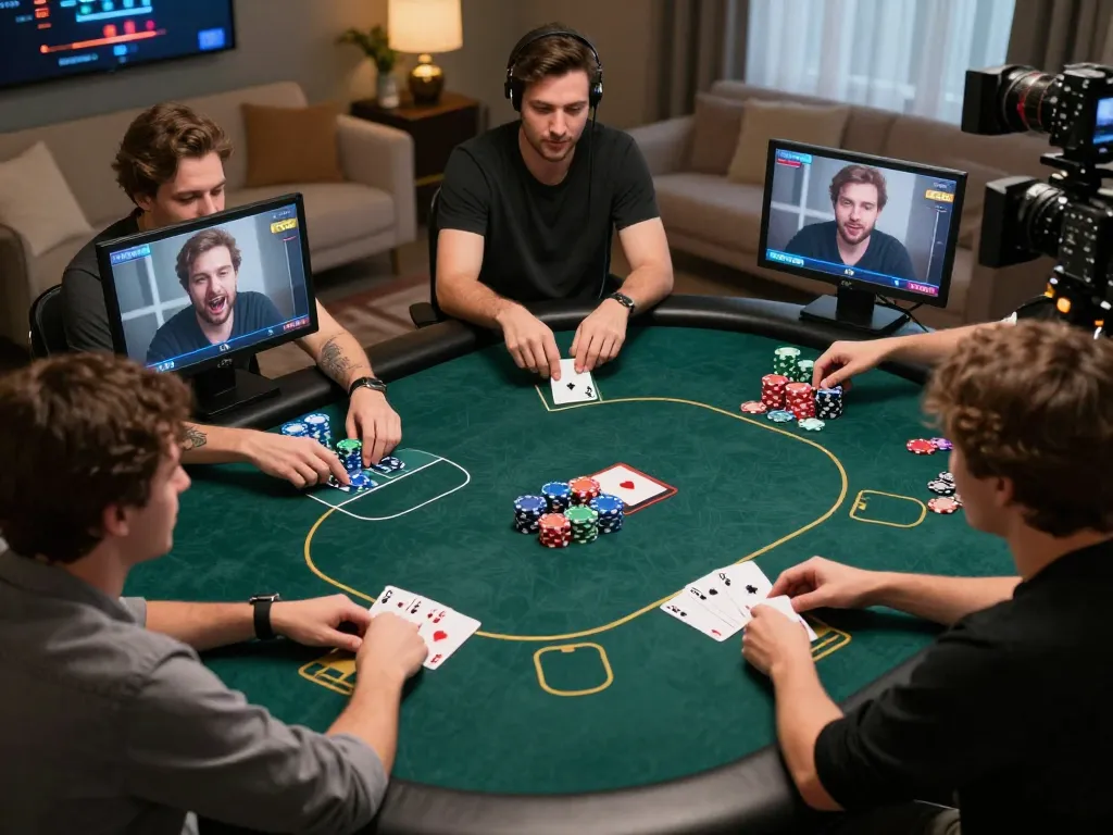 92slot engaging online poker game scene with players interacting through webcams, showcasing strategic gameplay.