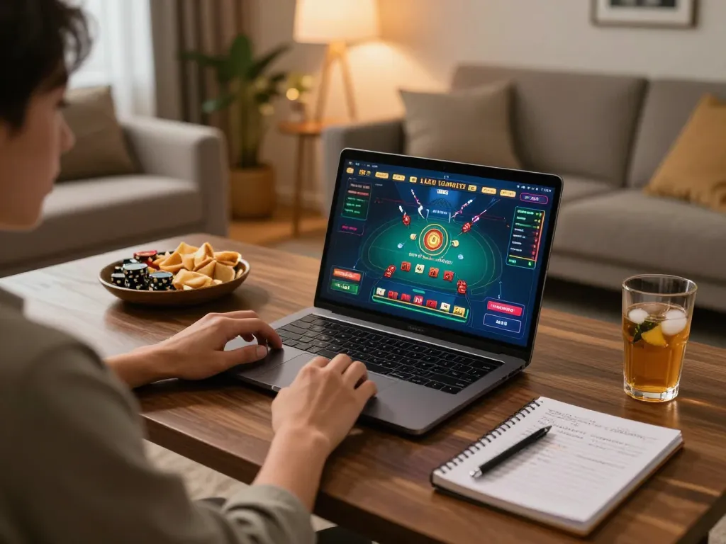 Engaged player enjoying live baccarat on BK888 online casino setup in a cozy living space.