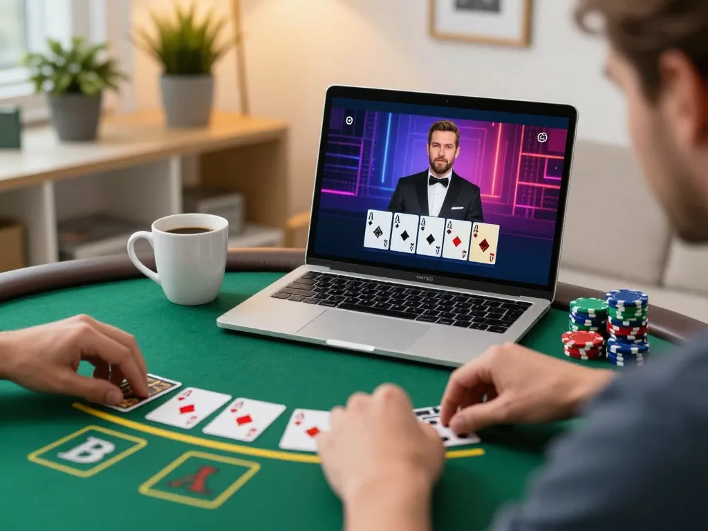 Player betting on blackjack in a cozy home setup showcasing fabet platform with laptop and poker chips.