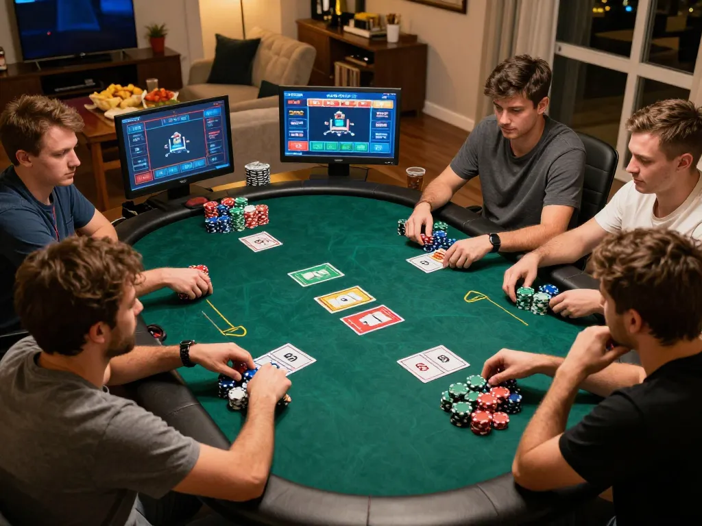 Players enjoying an online poker game at home, engaging strategies with 777x atq.