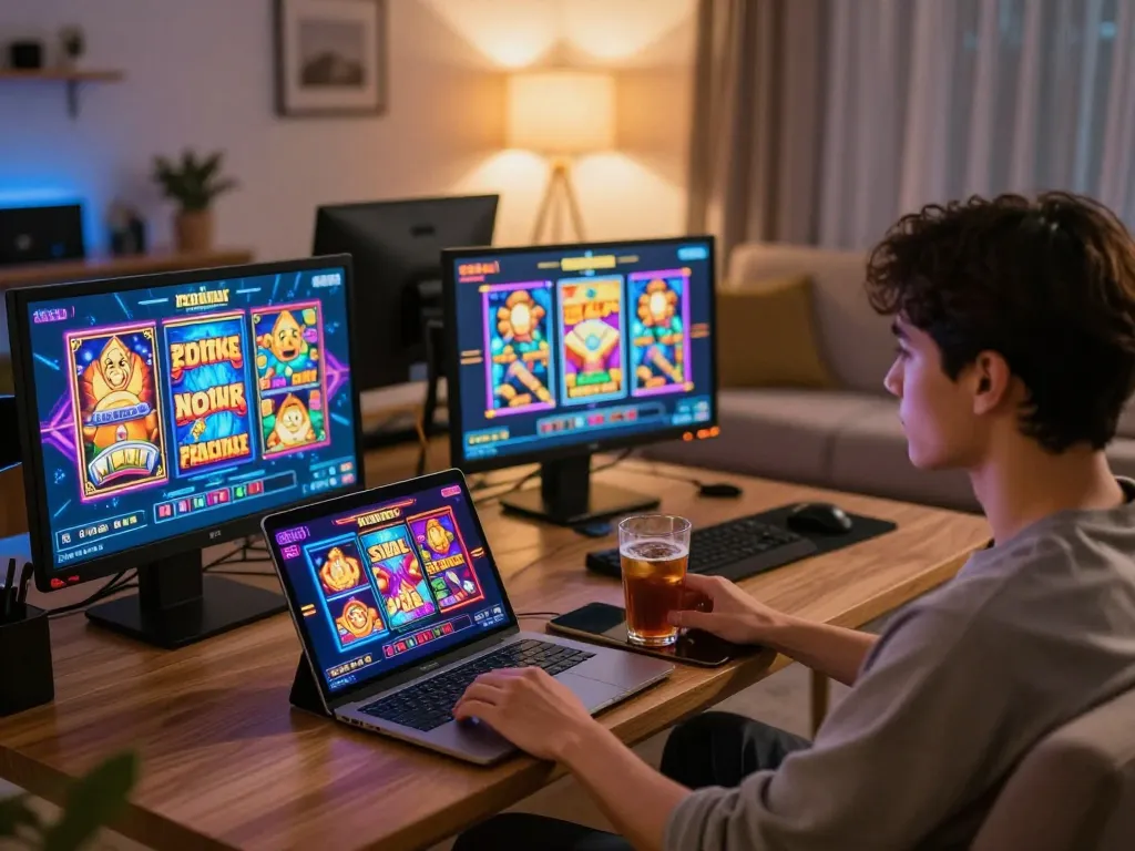 Engaging user enjoying situs slot games on a laptop in a cozy home setting, capturing excitement.